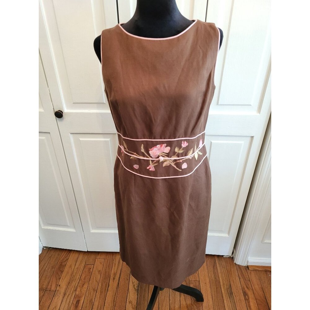 Brown Linen Blend Tank Sheath Dress Embroidered Pink Trim sz 8 Cottage Coquette